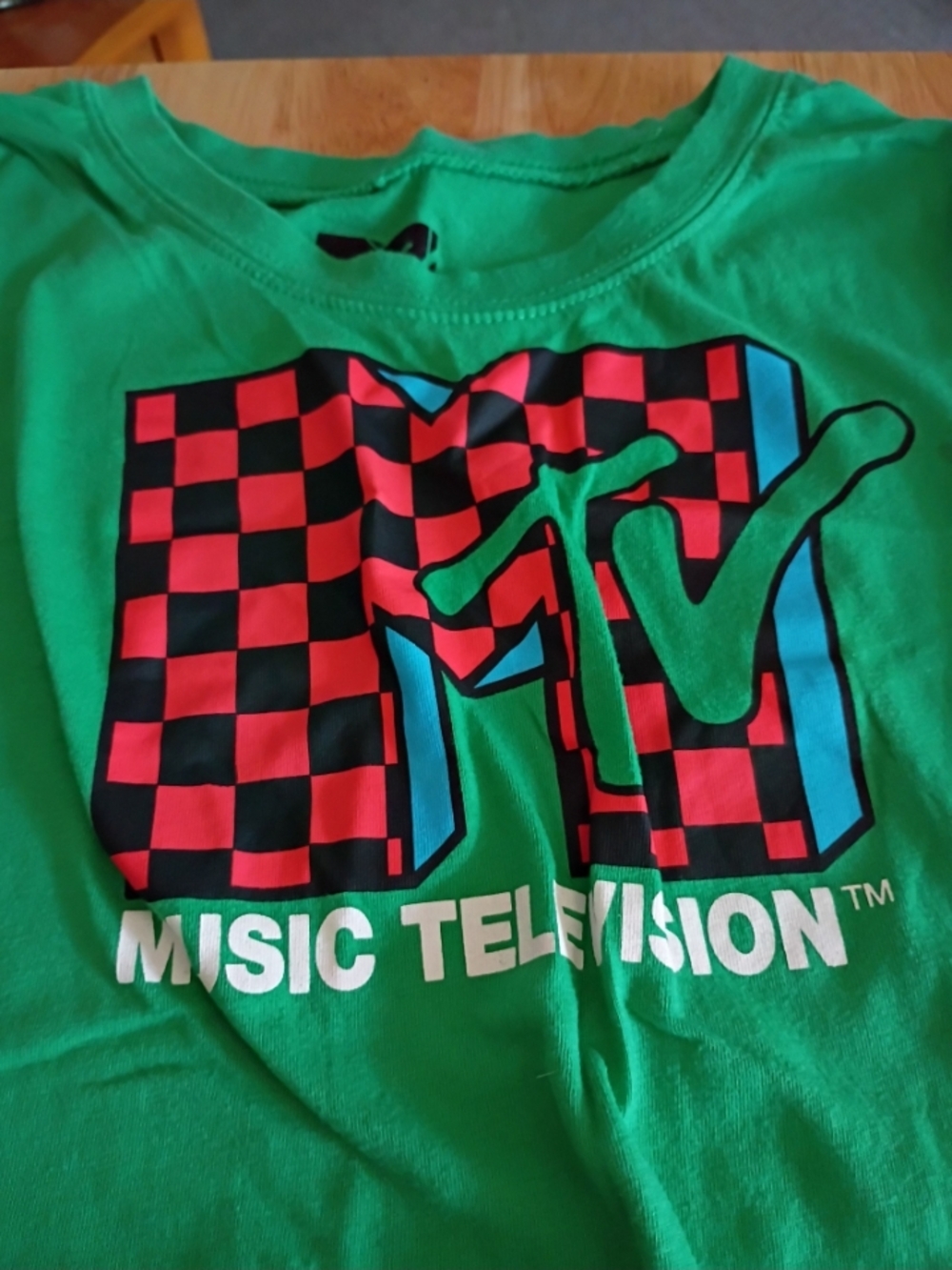 MTV Green Short Sleeve Tee with Red & Black Checker Logo - L